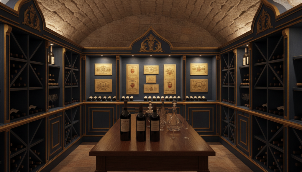 A sophisticated, photorealistic scene of a well-organized wine cellar showcasing high-end wines in elegant, blue and gold-themed wooden racks. In the foreground, a polished oak tasting table with a few exquisite bottles of wine, glimmering under soft, warm lighting. The middle section features a selection of vintage wine labels prominently displayed, creating a sense of luxury and investment potential. The background captures a beautifully designed wine cellar with stone walls, dim lighting enhancing the ambiance, and subtle reflections of light on the bottles. The atmosphere is professional and inviting, embodying the essence of fine wine investment, with a clean, premium look devoid of any text or branding.