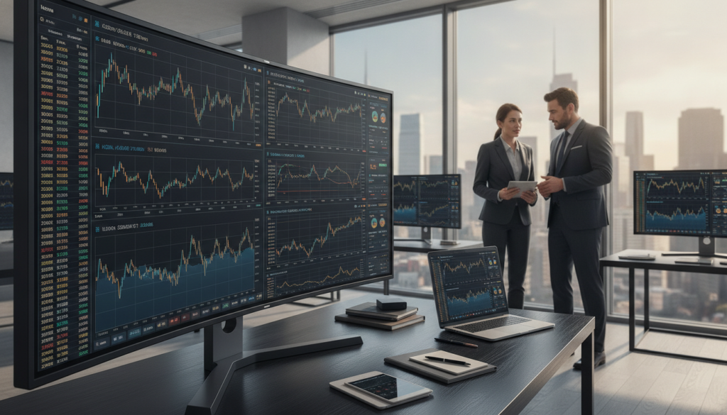 A sophisticated trading platform interface displayed on multiple screens in a modern office setting. In the foreground, focus on a sleek monitor showcasing trading graphs, candlestick charts, and analytics tools with blue and gold accents. The middle ground features a stylish desk with professional business attire-clad individuals engaged in discussion, analyzing data on tablets and laptops. The background includes large windows revealing a city skyline, with soft natural light illuminating the room. Aim for a clean, premium look that conveys professionalism and focus. The overall mood should be one of determination and innovation, emphasizing an academic yet modern approach to online trading and operational tools. A sophisticated trading platform interface displayed on multiple screens in a modern office setting. In the foreground, focus on a sleek monitor showcasing trading graphs, candlestick charts, and analytics tools with blue and gold accents. The middle ground features a stylish desk with professional business attire-clad individuals engaged in discussion, analyzing data on tablets and laptops. The background includes large windows revealing a city skyline, with soft natural light illuminating the room. Aim for a clean, premium look that conveys professionalism and focus. The overall mood should be one of determination and innovation, emphasizing an academic yet modern approach to online trading and operational tools.