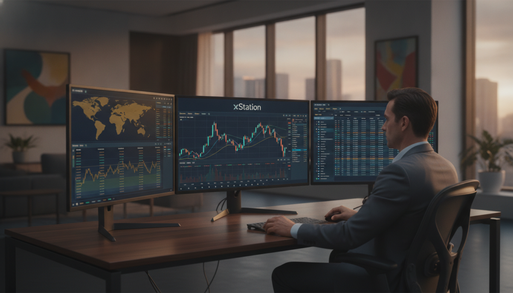 A sophisticated trading platform interface featuring "xStation." In the foreground, a sleek computer desk showcases multiple screens displaying interactive financial charts and real-time stock data, all rendered in a clean, photorealistic style. The screens focus on various trading tools, with a blue and gold color palette emphasizing a premium look. In the middle ground, a professional individual in business attire analyzes data, their expression focused and engaged. The background features a modern office environment with soft, warm lighting that casts a glow over the space, creating an atmosphere of excellence and productivity. Capturing the essence of operational excellence and advanced trading tools, the image is devoid of any text or overlays, focusing solely on the trading experience. A sophisticated trading platform interface featuring "xStation." In the foreground, a sleek computer desk showcases multiple screens displaying interactive financial charts and real-time stock data, all rendered in a clean, photorealistic style. The screens focus on various trading tools, with a blue and gold color palette emphasizing a premium look. In the middle ground, a professional individual in business attire analyzes data, their expression focused and engaged. The background features a modern office environment with soft, warm lighting that casts a glow over the space, creating an atmosphere of excellence and productivity. Capturing the essence of operational excellence and advanced trading tools, the image is devoid of any text or overlays, focusing solely on the trading experience.