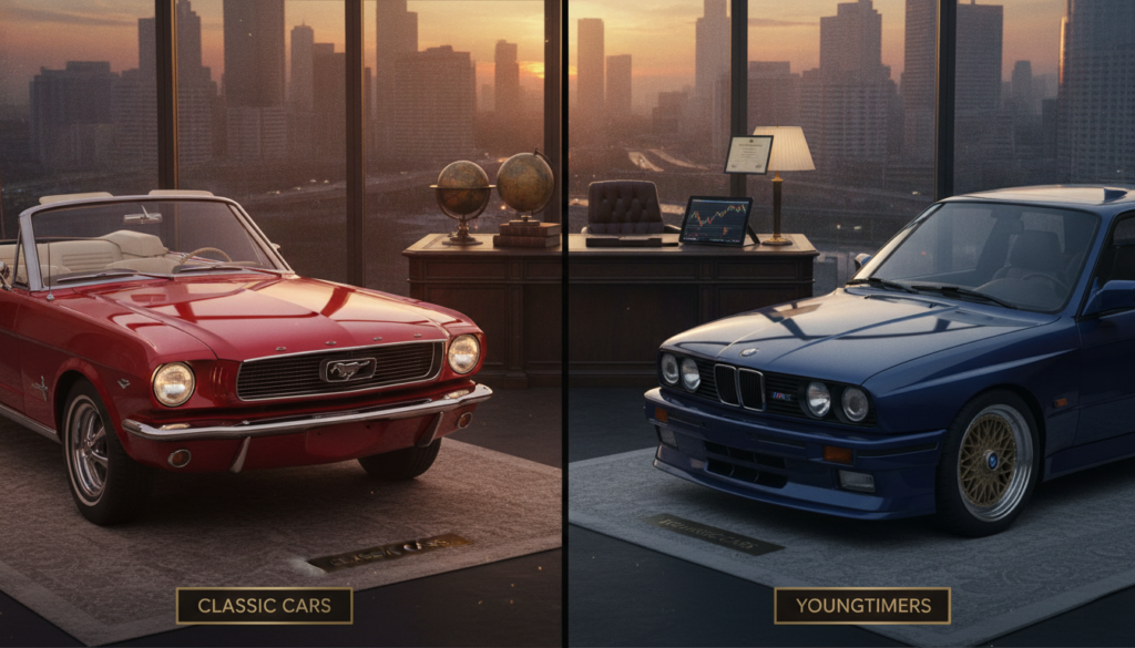 A split scene showcasing the distinction between classic cars and youngtimers. In the foreground, a meticulously restored vintage car, like a 1960s Mustang, gleams under soft, warm lighting, highlighting its exquisite details and chrome accents. Next to it, a modern youngtimer, such as a late 1980s BMW, showcases its sleek lines, painted in a rich blue with gold highlights. The middle ground features a luxury office environment, with a polished wooden desk and elegant decor, emphasizing the investment potential of both vehicle types. In the background, a large window reveals a city skyline at sunset, casting golden hues across the scene, creating a sophisticated and aspirational atmosphere. The overall mood is professional and stylish, reflecting the essence of car investment.
