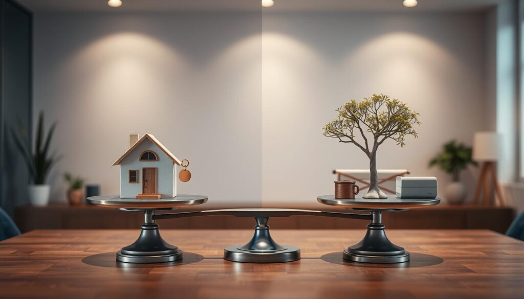 A split-screen image illustrating the essential differences between "nuda proprietà" and "usufrutto." The foreground features two elegant scales, one representing nuda proprietà with a small, modern house and a gold key, and the other representing usufrutto with a tree symbolizing growth and a cozy living room setting, complete with furnishings indicating occupancy. In the middle, a sleek wooden table enhances the division, with blue and gold colors creating a premium look. The background is a softly lit office environment, with subtle decorative elements like plants and soft shadows for depth. The overall mood is professional and informative, with a focus on clarity and sophistication, embodying the themes of long-term investment and property rights.