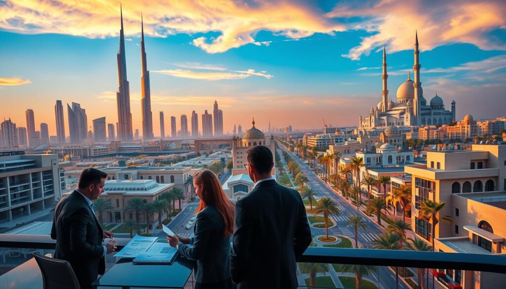 A stunning, photorealistic aerial view of the skyline of Dubai and Abu Dhabi, showcasing iconic architecture such as the Burj Khalifa and the Sheikh Zayed Grand Mosque. In the foreground, depict a modern office setting with diverse professionals in smart business attire engaged in discussions over financial documents, signifying investment opportunities. The middle layer should display high-end residential buildings and luxury villas with palm trees lining the streets, reflecting the allure of real estate in the Emirates. The background captures a vibrant sunset, casting warm golden light over the scene while emphasizing the blue tones in the sky. The overall mood is sophisticated and inviting, conveying a sense of prosperity and opportunity in the UAE's real estate market.