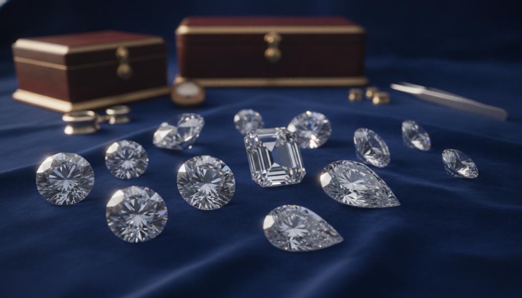 A stunning, photorealistic image of high-carat diamonds arranged elegantly on a luxurious, polished blue velvet display. The diamonds should catch the light, reflecting brilliant sparkles and glimmers, highlighting their clarity and cut. Use soft, focused lighting to create a warm ambiance, allowing the diamonds to stand out against the rich, textured background. In the middle ground, include subtle elements like gold jewelry boxes and tools used by gemologists, emphasizing a premium, professional atmosphere. The overall mood should convey both sophistication and opportunity, appealing to potential investors. Avoid any text, including charts or diagrams, ensuring the focus remains solely on the dazzling diamonds and their exquisite craftsmanship.