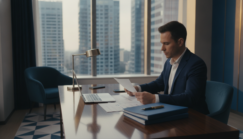 A stylish office setting featuring a modern desk with a laptop, financial reports, and an elegant gold pen, symbolizing a methodical investment approach. In the foreground, a focused professional in business attire analyzes a document. In the middle ground, a large window displays a panoramic city view, hinting at financial opportunities. The background is softly lit, enhancing the warm blue and gold color scheme, conveying sophistication and clarity. The lighting should create a warm, inviting atmosphere while reflecting off the polished surfaces. The overall mood is one of determination and methodical planning for financial success, with no text or charts present in the image.
