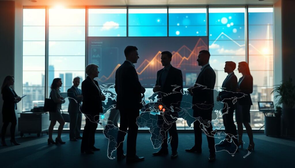A visually striking and informative representation of global differences in venture capital. In the foreground, display diverse professionals in business attire engaged in discussions over a world map embellished with different colored markers or icons to indicate venture capital regions. In the middle ground, feature a modern office environment with large windows showcasing a skyline, bathed in natural light. Soft shadows create a sense of depth. The background should include a large digital screen displaying abstract graphics symbolizing data and growth, with blue and gold hues predominating. The atmosphere should convey a sense of optimism and collaboration, aiming for a photorealistic look that emphasizes a clean, premium aesthetic without any text or watermarks. A visually striking and informative representation of global differences in venture capital. In the foreground, display diverse professionals in business attire engaged in discussions over a world map embellished with different colored markers or icons to indicate venture capital regions. In the middle ground, feature a modern office environment with large windows showcasing a skyline, bathed in natural light. Soft shadows create a sense of depth. The background should include a large digital screen displaying abstract graphics symbolizing data and growth, with blue and gold hues predominating. The atmosphere should convey a sense of optimism and collaboration, aiming for a photorealistic look that emphasizes a clean, premium aesthetic without any text or watermarks.