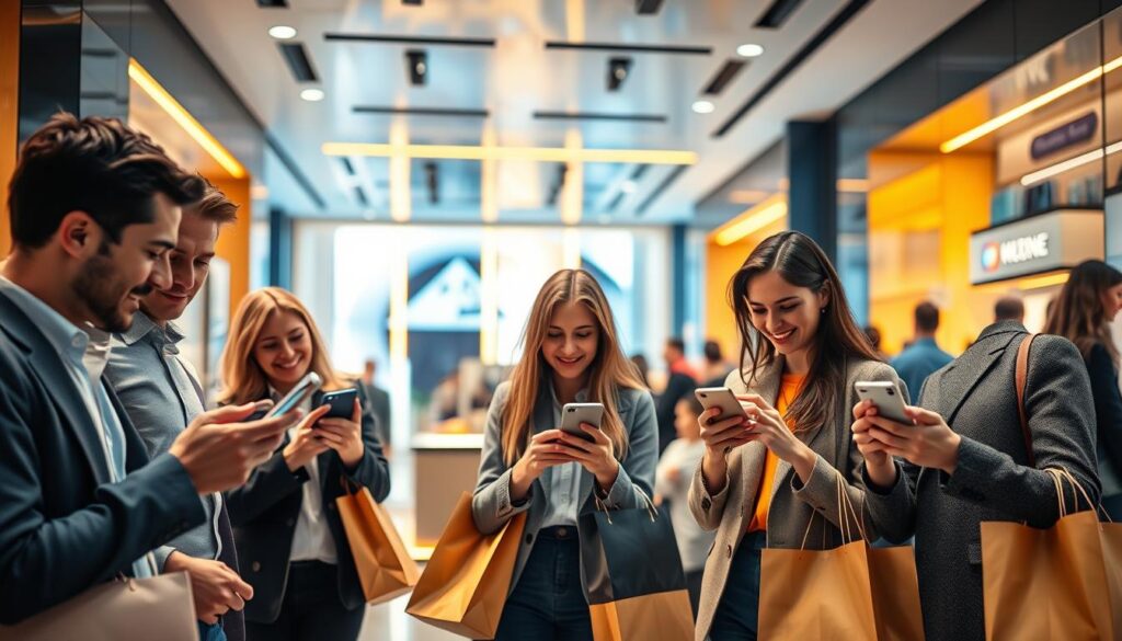 A visually striking image depicting a modern shopping scene focused on cashback and rewards. In the foreground, a diverse group of professionals—both men and women—are engaged with smartphones and shopping bags, showcasing a sense of excitement and satisfaction. The middle layer features a stylish retail environment with sleek displays and luxury products, illuminated by warm and inviting golden lighting that creates a premium atmosphere. In the background, faint silhouettes of shoppers can be seen, giving depth to the scene. The color scheme emphasizes blue and gold tones, reinforcing a sense of prosperity and success. Ensure a clean, photorealistic aesthetic, capturing the essence of smart shopping and financial gains. No text or graphical overlays are present. A visually striking image depicting a modern shopping scene focused on cashback and rewards. In the foreground, a diverse group of professionals—both men and women—are engaged with smartphones and shopping bags, showcasing a sense of excitement and satisfaction. The middle layer features a stylish retail environment with sleek displays and luxury products, illuminated by warm and inviting golden lighting that creates a premium atmosphere. In the background, faint silhouettes of shoppers can be seen, giving depth to the scene. The color scheme emphasizes blue and gold tones, reinforcing a sense of prosperity and success. Ensure a clean, photorealistic aesthetic, capturing the essence of smart shopping and financial gains. No text or graphical overlays are present.