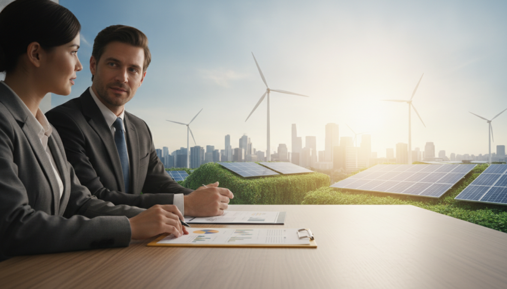 A visually striking image depicting the concept of renewable energy and circular economy. In the foreground, show a professional businesswoman and businessman in smart office attire, engaged in a discussion while reviewing a sleek, gold-accented document with infographics. The middle ground features a modern urban landscape with wind turbines and solar panels integrated into green buildings, symbolizing sustainability. In the background, a clear blue sky harmonizes with the golden hues of a rising sun, creating a hopeful atmosphere. Use soft, natural lighting to enhance the scene's professionalism and clarity. The overall mood should be optimistic and motivational, reflecting the values of green investment and innovation. The composition should maintain a clean and premium aesthetic, with no text or logos present. A visually striking image depicting the concept of renewable energy and circular economy. In the foreground, show a professional businesswoman and businessman in smart office attire, engaged in a discussion while reviewing a sleek, gold-accented document with infographics. The middle ground features a modern urban landscape with wind turbines and solar panels integrated into green buildings, symbolizing sustainability. In the background, a clear blue sky harmonizes with the golden hues of a rising sun, creating a hopeful atmosphere. Use soft, natural lighting to enhance the scene's professionalism and clarity. The overall mood should be optimistic and motivational, reflecting the values of green investment and innovation. The composition should maintain a clean and premium aesthetic, with no text or logos present.