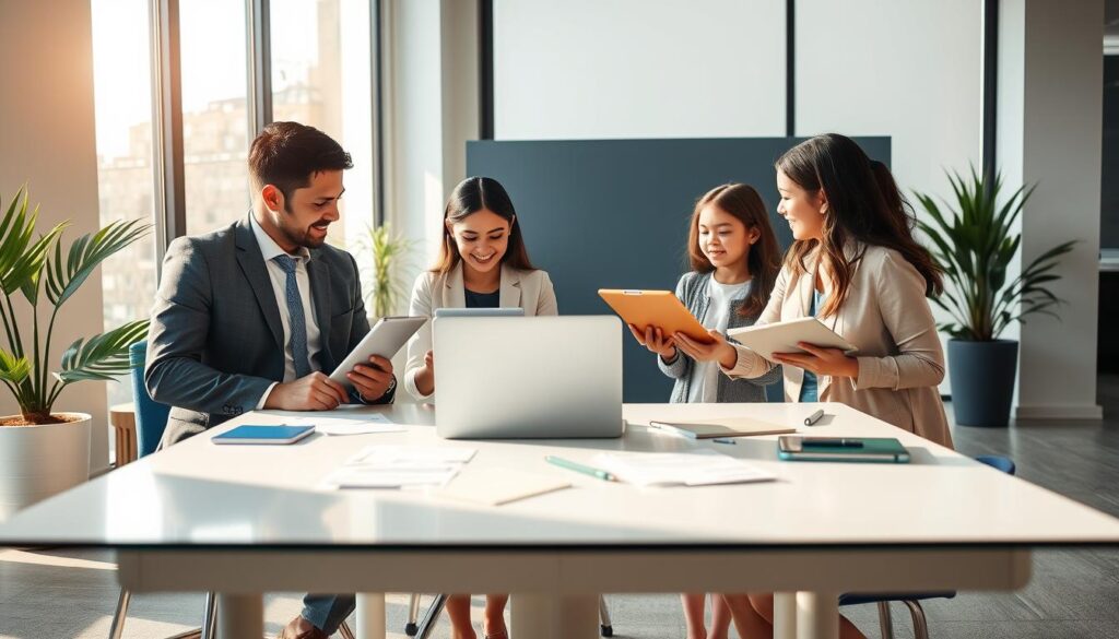 A warm and inviting family scene set in a modern, stylish office environment. In the foreground, a diverse family unit consisting of a father in a tailored suit, a mother in elegant business casual attire, and two children, one holding a tablet and the other a notebook, engages in a discussion about financial planning. The middle ground features a sleek, minimalist desk with a laptop and scattered papers, symbolizing their focus on financial education. In the background, large windows allow natural light to pour in, illuminating the space with a golden hue, while decorative plants add a touch of freshness. The overall mood is optimistic and professional, emphasizing collaboration and forward-thinking regarding social benefits and financial literacy in a photorealistic style. Blue and gold color accents contribute to a clean, premium look. A warm and inviting family scene set in a modern, stylish office environment. In the foreground, a diverse family unit consisting of a father in a tailored suit, a mother in elegant business casual attire, and two children, one holding a tablet and the other a notebook, engages in a discussion about financial planning. The middle ground features a sleek, minimalist desk with a laptop and scattered papers, symbolizing their focus on financial education. In the background, large windows allow natural light to pour in, illuminating the space with a golden hue, while decorative plants add a touch of freshness. The overall mood is optimistic and professional, emphasizing collaboration and forward-thinking regarding social benefits and financial literacy in a photorealistic style. Blue and gold color accents contribute to a clean, premium look.
