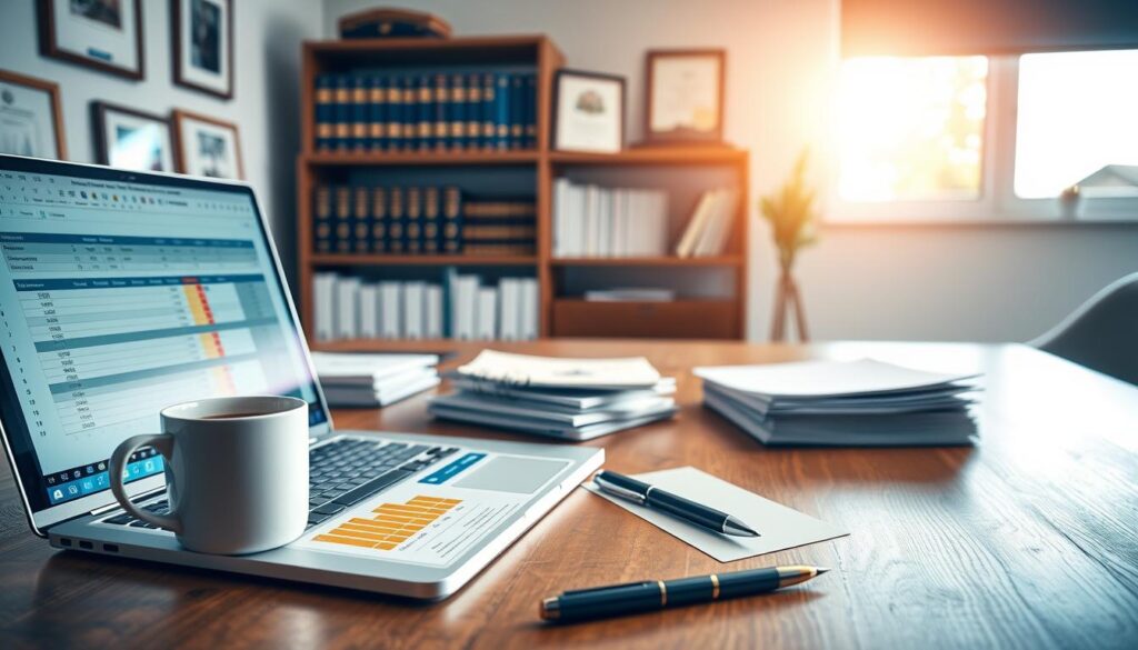 A well-organized home office scene featuring a professional-looking wooden desk. In the foreground, a laptop displays a spreadsheet and colorful documents related to mortgage requirements for purchasing a second home. To the side, a sleek cup of coffee adds warmth. In the middle ground, a stack of neatly arranged papers and a stylish pen reflect a sense of order. Soft lighting illuminates the space, creating a focused yet inviting atmosphere. The background reveals a bookshelf filled with finance books, framed certificates, and a window showing a sunny day outside, all in blue and gold tones. The overall mood is professional, conveying attention to detail and financial expertise, while maintaining a clean and premium aesthetic. A well-organized home office scene featuring a professional-looking wooden desk. In the foreground, a laptop displays a spreadsheet and colorful documents related to mortgage requirements for purchasing a second home. To the side, a sleek cup of coffee adds warmth. In the middle ground, a stack of neatly arranged papers and a stylish pen reflect a sense of order. Soft lighting illuminates the space, creating a focused yet inviting atmosphere. The background reveals a bookshelf filled with finance books, framed certificates, and a window showing a sunny day outside, all in blue and gold tones. The overall mood is professional, conveying attention to detail and financial expertise, while maintaining a clean and premium aesthetic.