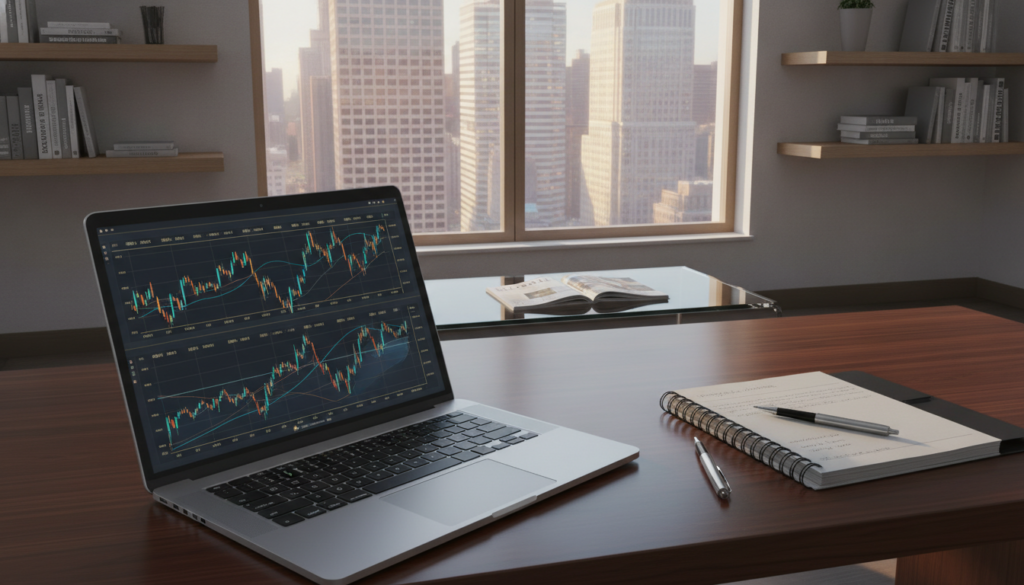 An intricately detailed and photorealistic digital illustration of a modern trading analysis office. In the foreground, an elegant wooden desk is adorned with a sleek laptop displaying colorful, abstract graphs and candlestick charts in blue and gold tones. Beside the laptop, a stylish notebook and a sophisticated pen lay open. In the middle ground, a large window offers a panoramic city view, with skyscrapers gleaming in the sunlight. A polished glass table features a high-end financial magazine. In the background, minimalist shelves hold books on trading and finance, contributing to a clean and premium look. The lighting is soft and bright, creating a professional atmosphere, perfect for focusing on technical market analysis without distractions. An intricately detailed and photorealistic digital illustration of a modern trading analysis office. In the foreground, an elegant wooden desk is adorned with a sleek laptop displaying colorful, abstract graphs and candlestick charts in blue and gold tones. Beside the laptop, a stylish notebook and a sophisticated pen lay open. In the middle ground, a large window offers a panoramic city view, with skyscrapers gleaming in the sunlight. A polished glass table features a high-end financial magazine. In the background, minimalist shelves hold books on trading and finance, contributing to a clean and premium look. The lighting is soft and bright, creating a professional atmosphere, perfect for focusing on technical market analysis without distractions.