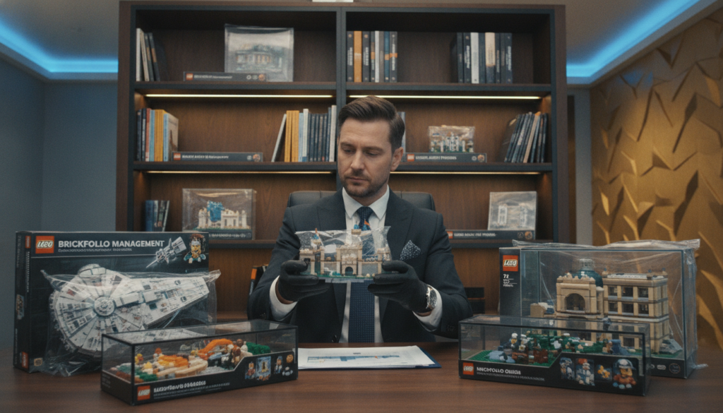A photorealistic finance office scene illustrating the risks and challenges of investing in LEGO. In the foreground, a neatly organized desk featuring rare LEGO sets displayed in protective cases, reflecting their value like gold. A business professional, dressed in smart attire, is examining a LEGO set closely, with a thoughtful expression, contemplating its investment potential. The middle ground showcases a bookshelf filled with finance books and LEGO-themed investment guides. In the background, a clean and elegant office with soft blue lighting enhancing a gold accent wall, conveying a premium and sophisticated atmosphere. The composition captures a sense of seriousness and contemplation, with a focus on the intricate details of the LEGO sets, ensuring no distractions from the central theme.