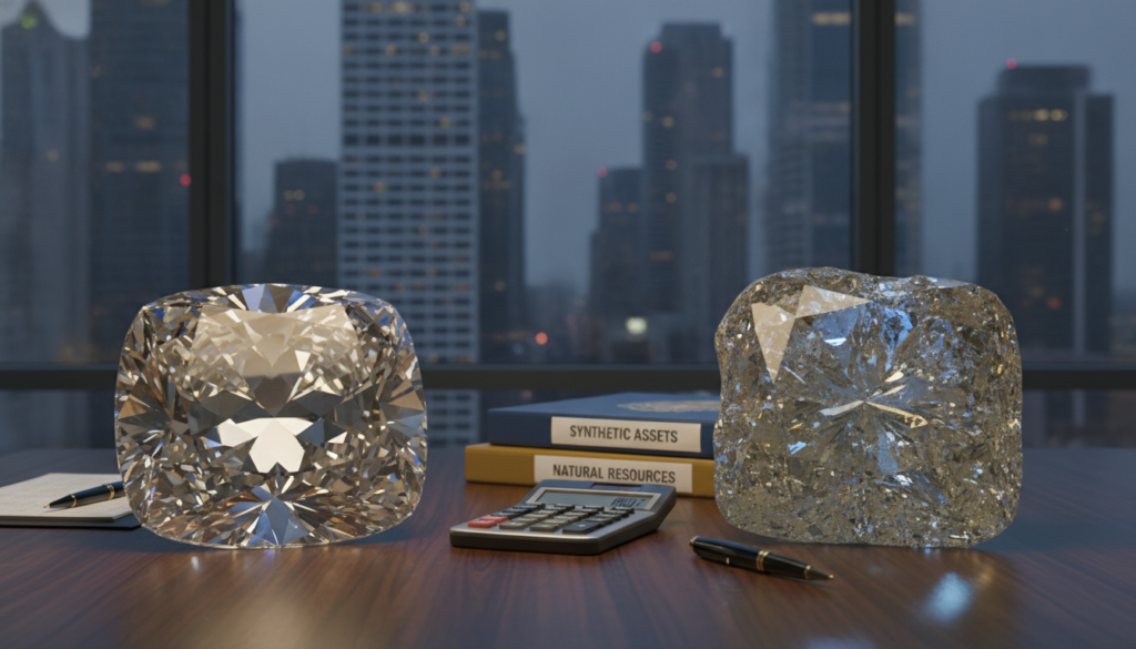 A photorealistic image depicting the contrast between synthetic and natural diamonds as investment options. In the foreground, a polished synthetic diamond sparkles under warm, soft lighting, showcasing its clarity and brilliance. Beside it, a natural diamond, more rustic in appearance, reflects a cooler light, emphasizing its unique imperfections. The middle ground features a sleek, modern office table with finance-related tools like a calculator and investment folders, all presented in a clean blue and gold color palette. The background includes subtle hints of a city skyline through a large window, adding a sense of ambition and opportunity. The overall atmosphere is professional and sophisticated, conveying the complex decision of investing in diamonds.