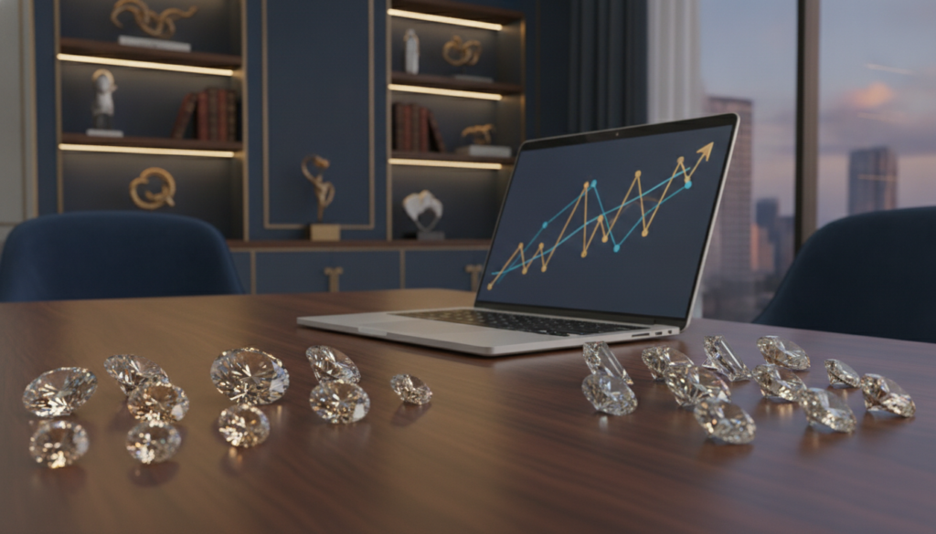 A photorealistic office scene showcasing the market value comparison between natural and synthetic diamonds. In the foreground, a polished wooden table displays a selection of shimmering diamonds—natural diamonds with traditional cuts shimmering in the light, and synthetic diamonds with a more modern, sleek appearance. The middle ground features an elegantly designed laptop screen turning toward a subtle graph indicating market trends, although without any visible text, allowing the viewer to appreciate the overall theme. The background suggests a sophisticated office space with blue and gold accents, high-quality decor, and soft ambient lighting, creating a premium and professional atmosphere. The color palette leans towards rich blues and warm golds, enhancing the luxurious feel. The overall mood is poised and informative, inviting the viewer to consider the investment potential of each diamond type.