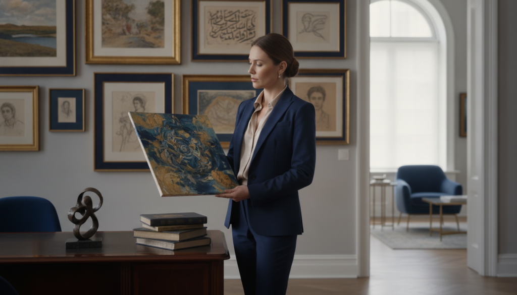 A serene and elegant office environment featuring a polished wooden desk with art books and a small, tasteful sculpture. In the foreground, a professional businesswoman, dressed in a chic suit, examines a piece of artwork, her expression thoughtful and contemplative. The middle ground displays a gallery wall adorned with a diverse array of framed artworks, incorporating blue and gold accents that reflect a sophisticated palette. Soft, natural lighting filters through large windows, creating a warm and inviting atmosphere. The background is subtly blurred, emphasizing the subject while still showcasing the beauty of the art pieces. The overall mood exudes professionalism and a mindful approach to art investment, capturing the essence of strategic decision-making in the art world.