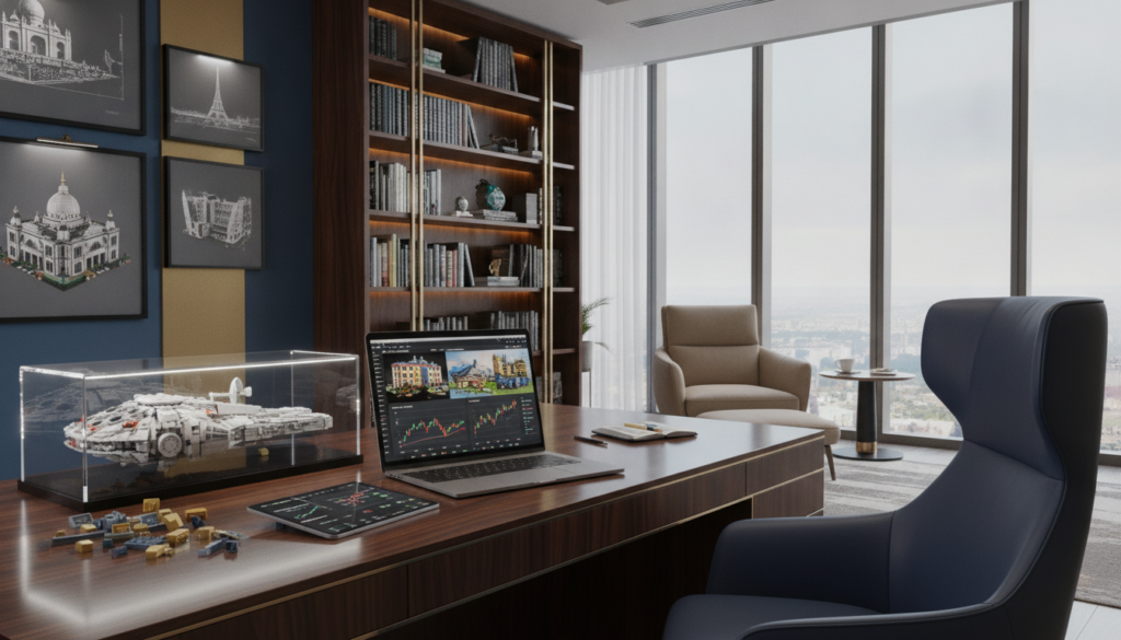 A sleek, modern office interior showcasing a professional workspace dedicated to LEGO investment strategies. In the foreground, a polished wooden desk adorned with an open laptop displaying colorful LEGO sets and graphs of their value increases. A rare LEGO set, elegantly displayed in a protective case, catches the eye. In the middle ground, natural light floods through large windows, illuminating a sophisticated reader's chair and a bookshelf filled with LEGO-related literature and financial guides. The background features a stylish wall with framed images of valuable LEGO sets and an ambient blue and gold color scheme that conveys a sense of premium sophistication. The atmosphere is focused and inspiring, ideal for thoughtful discussion about maximizing the value of LEGO investments.