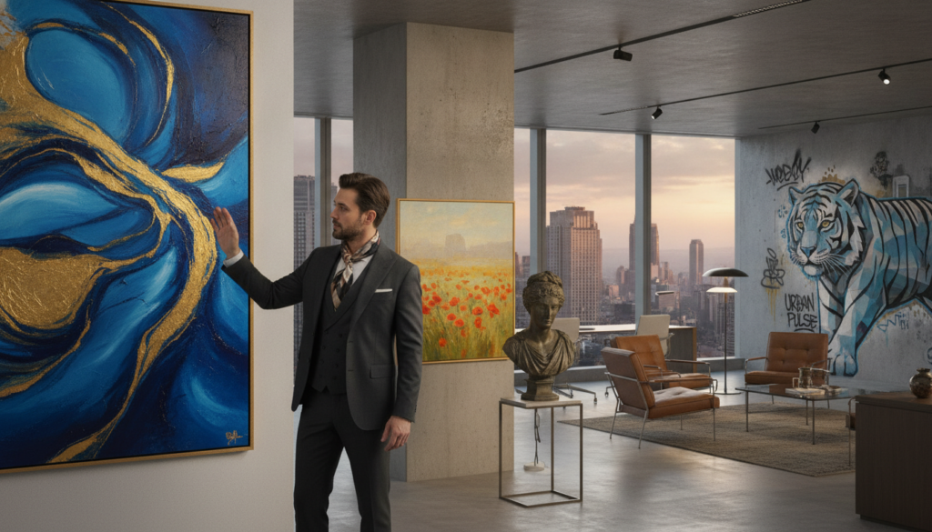 A sophisticated and photorealistic scene featuring various art styles and contemporary artists in a premium office environment. In the foreground, a well-dressed individual in business attire examines a vibrant modern painting filled with abstract forms in shades of blue and gold. The middle ground showcases a diverse assortment of art pieces: a classic sculpture, impressionist canvas, and a street art mural displayed elegantly on gallery-style walls. In the background, a sleek, minimalist workspace with large windows revealing a city skyline, subtly illuminated by natural light. The atmosphere conveys a sense of professionalism and investment potential, inviting viewers to appreciate the beauty and value in diverse art types for aspiring collectors.